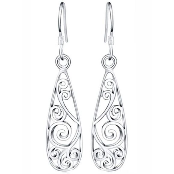 Classic Open Etched Sterling Silver Plated Tear Drop Hook Earrings - Picture 4 of 4